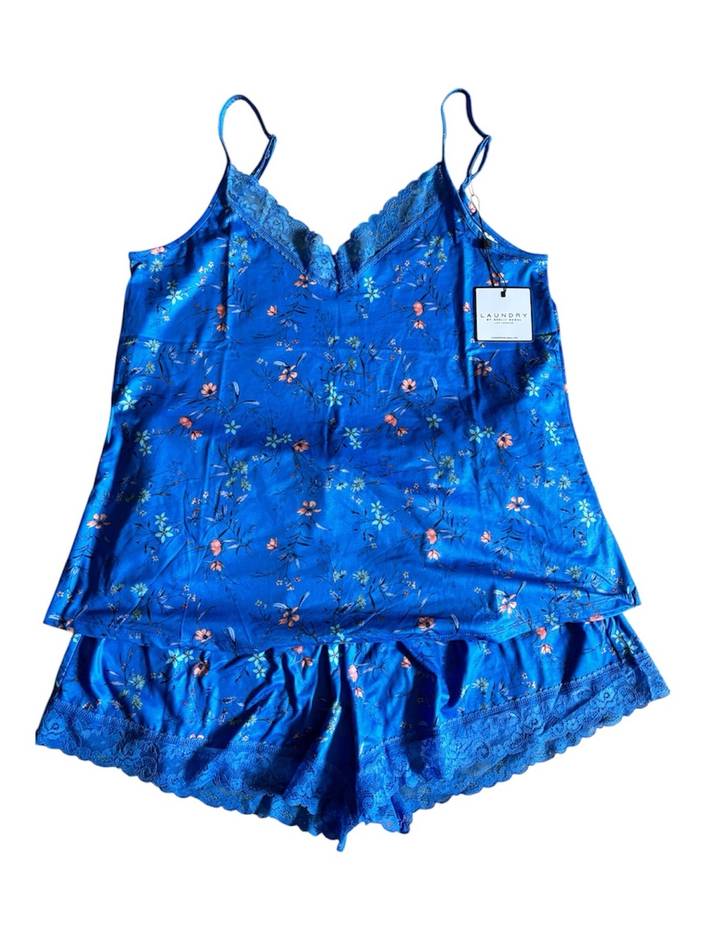 Laundry by Shelli Segal Blue Floral Lace Cami & Shorts Pajama Set Size L NWT
